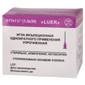 Игла 1,5х30 Луер инъекционная однораз. стер. упрочненная G17х11/4" (уп.100шт)