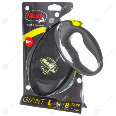 Рулетка GIANT L (8 м, 50 кг) ремень, чёрный/неон, FLEXI